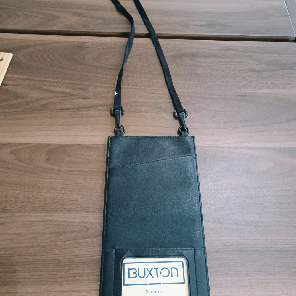 Buxton Black Faux Leather Vertical Neck Pouch with ID Window